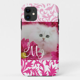 子ネコ、猫、ピンク、花、モノグラム iPhone 11 ケース