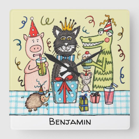 子パーソナライズされたども用パーティー時計 スクエア壁時計 (正面)