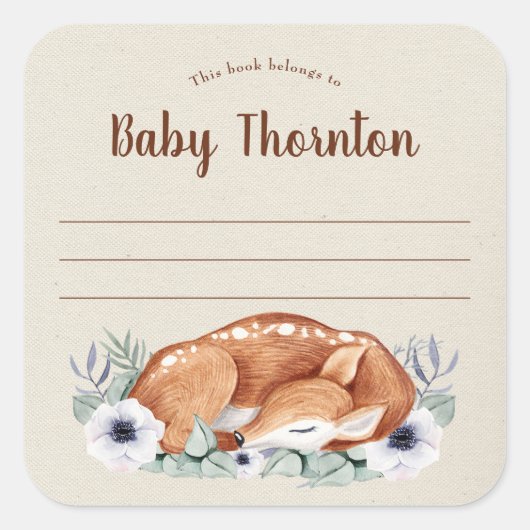 子パーソナライズされた供蔵書票ウッドランドディアー スクエアシール (正面)