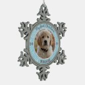 子パーソナライズされた犬の初めてのクリスマス写真 スノーフレークピューターオーナメント (左)