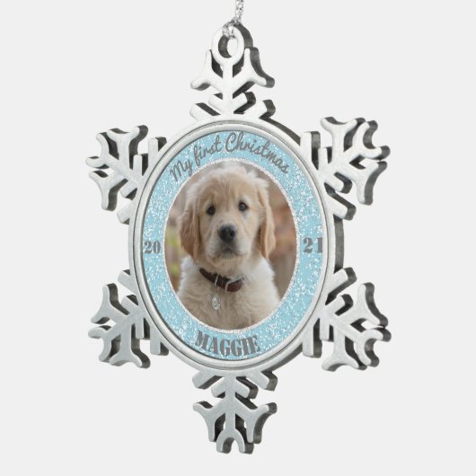 子パーソナライズされた犬の初めてのクリスマス写真 スノーフレークピューターオーナメント (右)