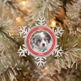 子パーソナライズされた犬の初めてのクリスマス写真 スノーフレークピューターオーナメント