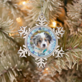 子パーソナライズされた犬の初めてのクリスマス写真 スノーフレークピューターオーナメント