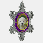 子パーソナライズされた犬の初めてのクリスマス写真 スノーフレークピューターオーナメント (左)
