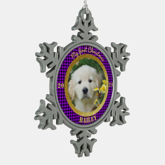 子パーソナライズされた犬の初めてのクリスマス写真 スノーフレークピューターオーナメント (左)