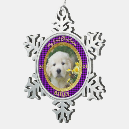 子パーソナライズされた犬の初めてのクリスマス写真 スノーフレークピューターオーナメント (右)