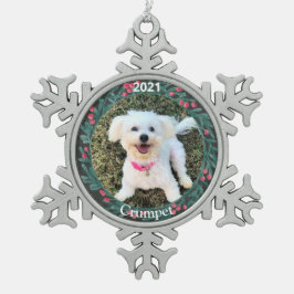子パーソナライズされた犬の初めてのクリスマス写真 スノーフレークピューターオーナメント