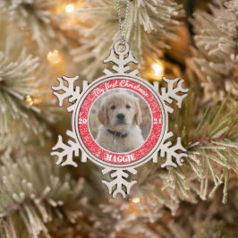 子パーソナライズされた犬の初めてのクリスマス写真  スノーフレークピューターオーナメント