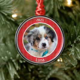 子パーソナライズされた犬の初めてのクリスマス写真 メタルオーナメント