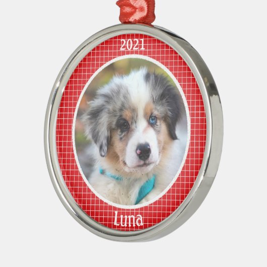 子パーソナライズされた犬の初めてのクリスマス写真 メタルオーナメント (左)
