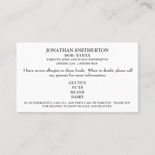 子パーソナライズされた食アレルギーの写真情報 名刺 (裏面)