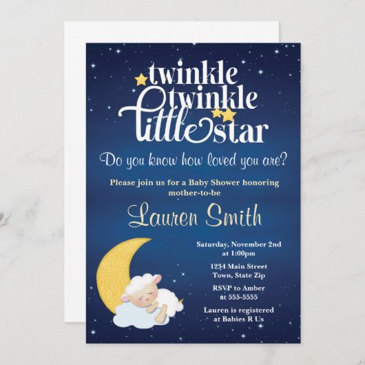 子ヒツジのベビーシャワーの招待状のきらめき少し星 招待状 (正面/裏面)