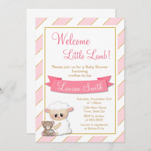 子ヒツジのベビーシャワーの招待状のピンクの女の赤ちゃんの子ヒツジ 招待状 (正面/裏面)