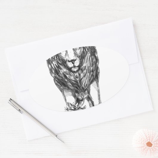 子ヒツジの入れ墨を守っているライオン 楕円形シール (封筒)