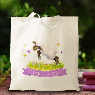子ヒツジの省略の春の風変わりな芸術の紫色の一流の本 トートバッグ