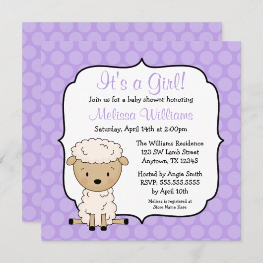 子ヒツジの紫色は女の子のベビーシャワー招待状に点を打ちます 招待状 (正面/裏面)