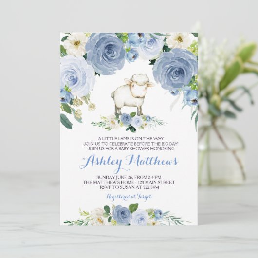 子ヒツジの青い花のベビーシャワーの招待 招待状 (スタンド正面)