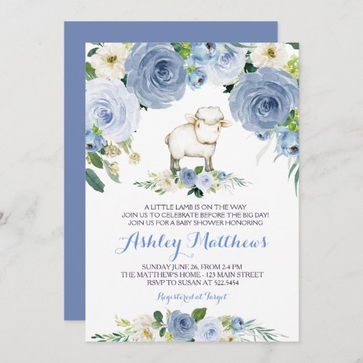 子ヒツジの青い花のベビーシャワーの招待 招待状 (正面/裏面)