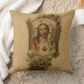 子ヒツジ、花とのイエス・キリストのヴィンテージの神聖なハート クッション (ブランケット)