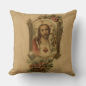 子ヒツジ、花とのイエス・キリストのヴィンテージの神聖なハート クッション (正面)