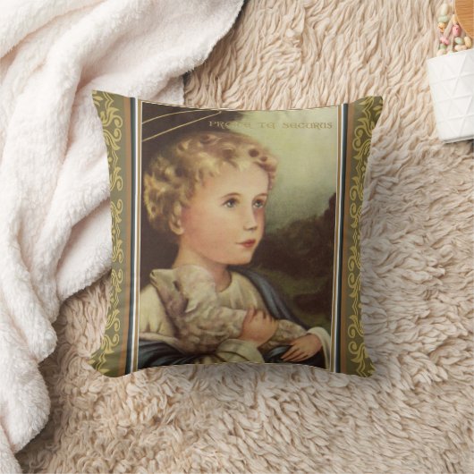 子ヒツジw/Latinの単語を保持している金ゴールドのベビーイエス・キリスト クッション (ブランケット)