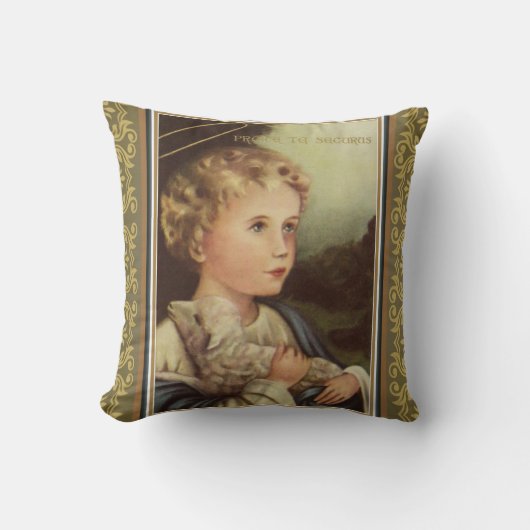 子ヒツジw/Latinの単語を保持している金ゴールドのベビーイエス・キリスト クッション (正面)