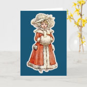 子ビクトリアン紙人形の冬のコートのハンドマフ カード (黄色い花)