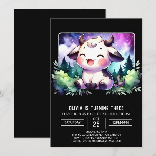 子モダン牛誕生日 招待状 (正面/裏面)