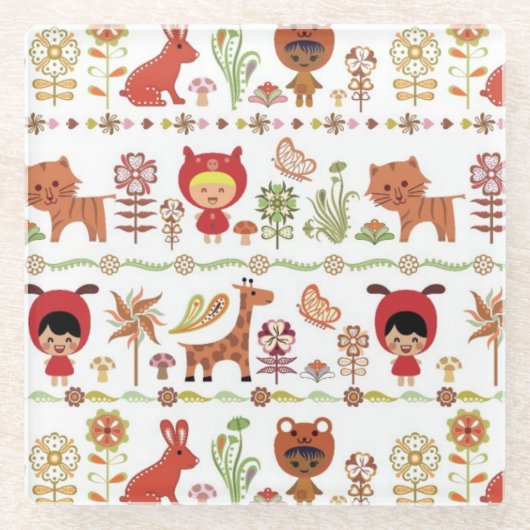 子供および動物パターン ガラスコースター (正面)