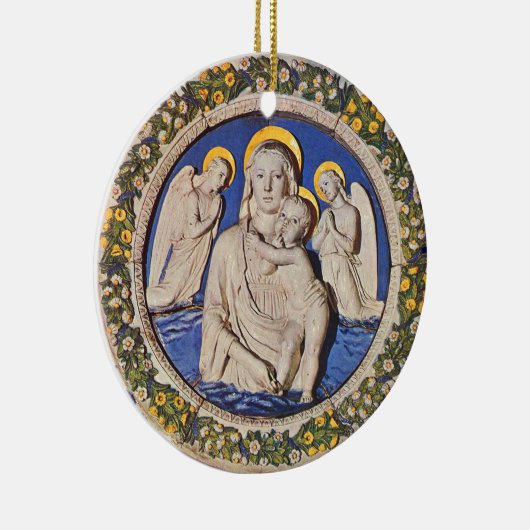 子供および天使の円形の青いサファイアが付いているヴァージン セラミックオーナメント (右)