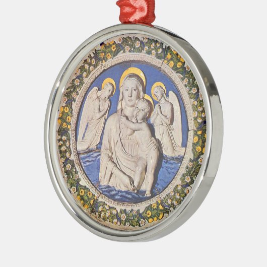 子供および天使の円形の青いサファイアが付いているヴァージン メタルオーナメント (左)