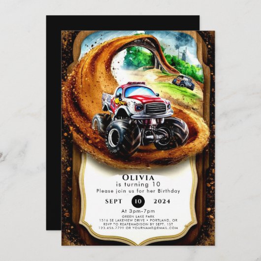 子供お洒落のモンスタートラック誕生日 招待状 (正面/裏面)