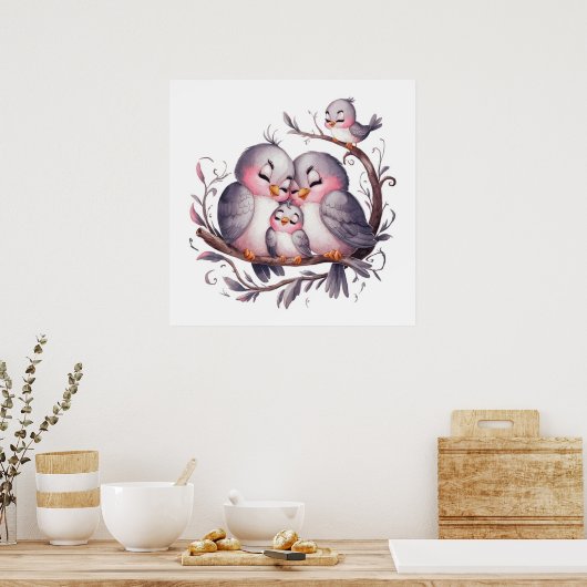 子供がいる水色の鳥の家族#2 ポスター (キッチン)