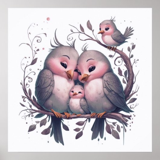 子供がいる水色の鳥の家族#5 ポスター (正面)