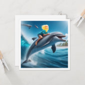子供がイルカに乗って、私の顔を押し付けた カード (正面/裏面インサイチュ)