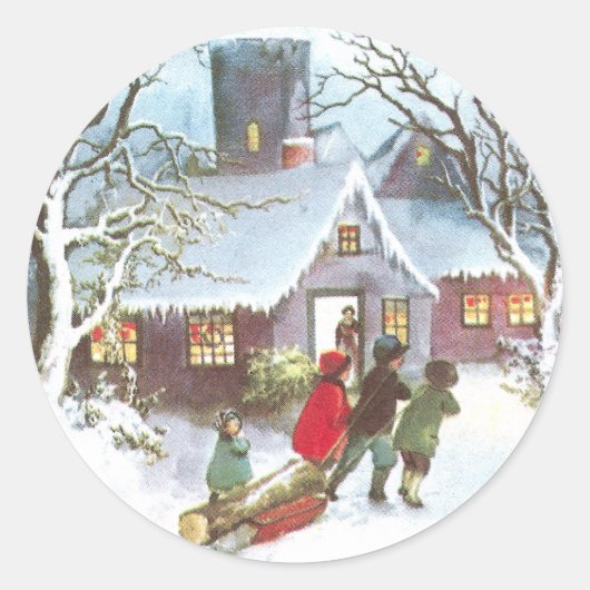 子供がホームユール（キリスト降誕祭）ログヴィンテージクリスマスを持って来る ラウンドシール (正面)