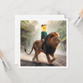 子供がライオンに乗って、あなたの顔をカードに載せて カード (正面/裏面インサイチュ)