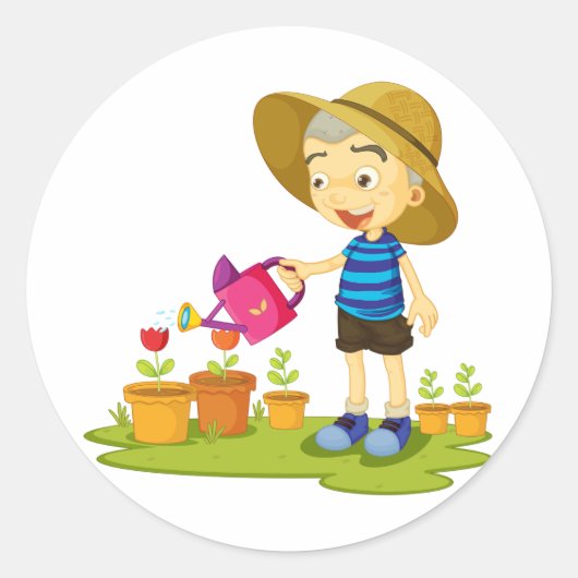 子供が植物に水やり ステッカー (正面)