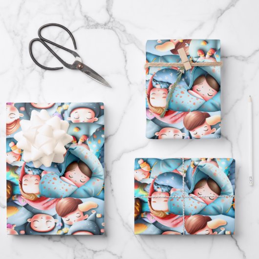 子供が眠る眠る眠りパジャマパーティー ラッピングペーパーシート (正面)