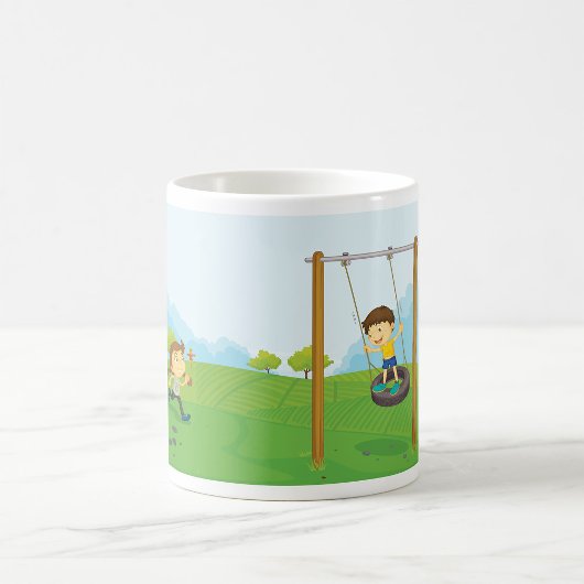 子供たちがタイヤブランコで遊ぶ コーヒーマグカップ