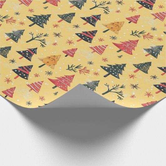子供たちが可愛いクリスマスツリーを黄色く描く ラッピングペーパー (角)