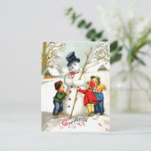 子供たちが大きな雪だるま、ヴィンテージ休日を作っている ポストカード (スタンド正面)