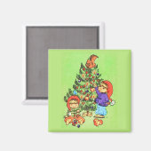 子供たちが木を飾る ヴィンテージ マグネット (正面/裏面)