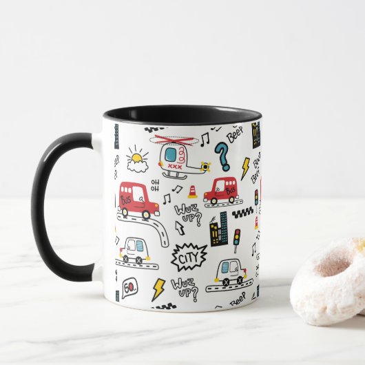 子供たちが楽しい乗り物パターン  マグカップ (ドーナツ)
