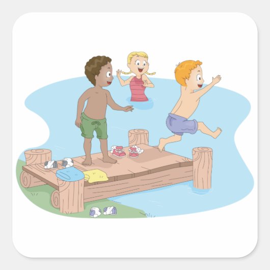 子供たちが湖に飛び込む夏の水遊び スクエアシール (正面)