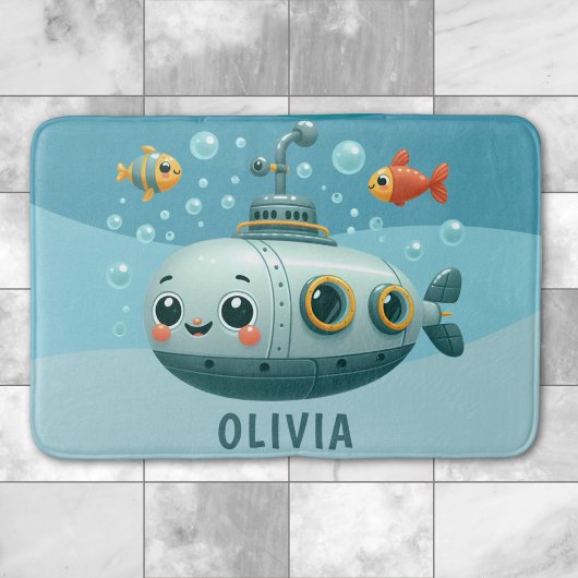 子供たちが笑顔の可愛い潜水艦と魚と泡 バスマット
