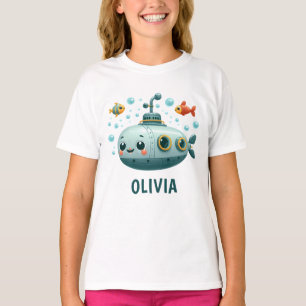 子供たちが笑顔の可愛い潜水艦と魚と泡 Tシャツ