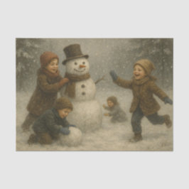 子供たちが雪だるまを作っている 薄葉紙