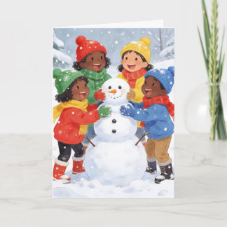 子供たちが雪だるまを作る シーズンカード