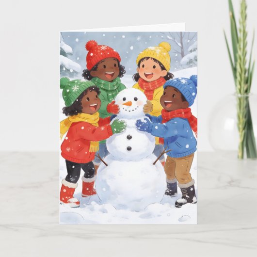 子供たちが雪だるまを作る シーズンカード (正面)